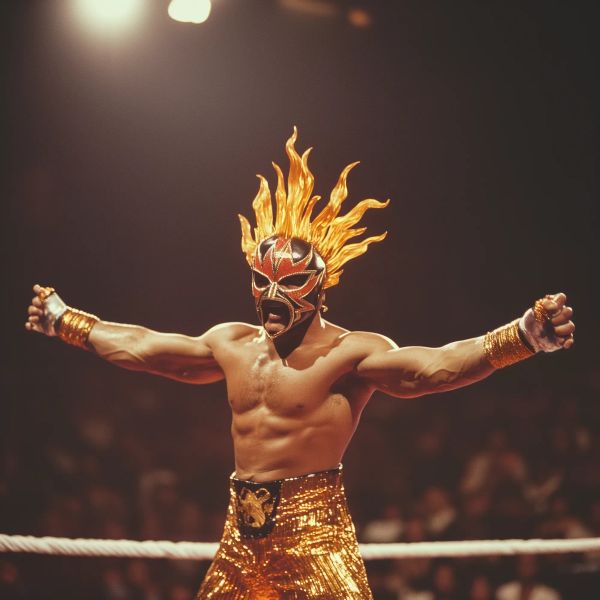 El Fuego stands with arms outstretched in a wrestling ring, wearing a red and black mask with flaming headdress, gold wristbands, and sequined gold pants.