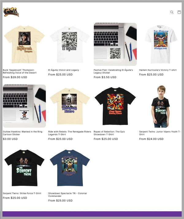 GWA merchandise collection displaying t-shirts, stickers, and apparel featuring wrestling legends and promotion graphics.
