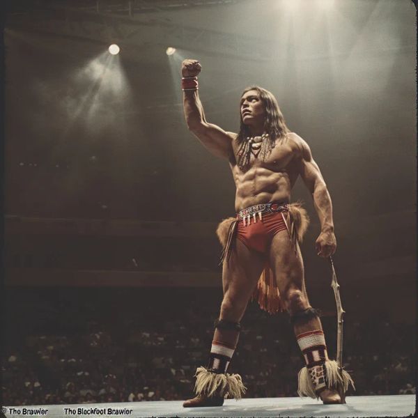 Jake Hipp "The Blackfoot Brawler" stands on stage with raised fist, wearing red fringed wrestling trunks and beaded accessories, spotlit against dark background.