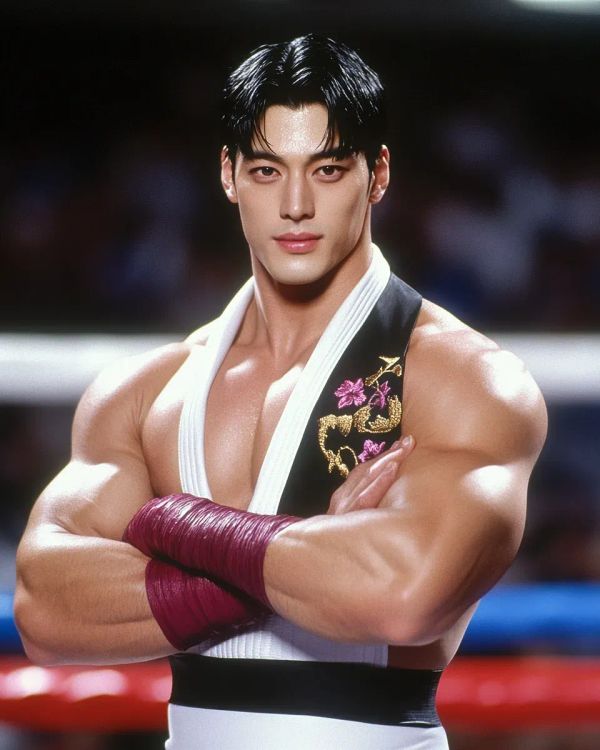 Daniel Kim stands with arms crossed wearing a white and black martial arts uniform with maroon hand wraps and embroidered dragon design.