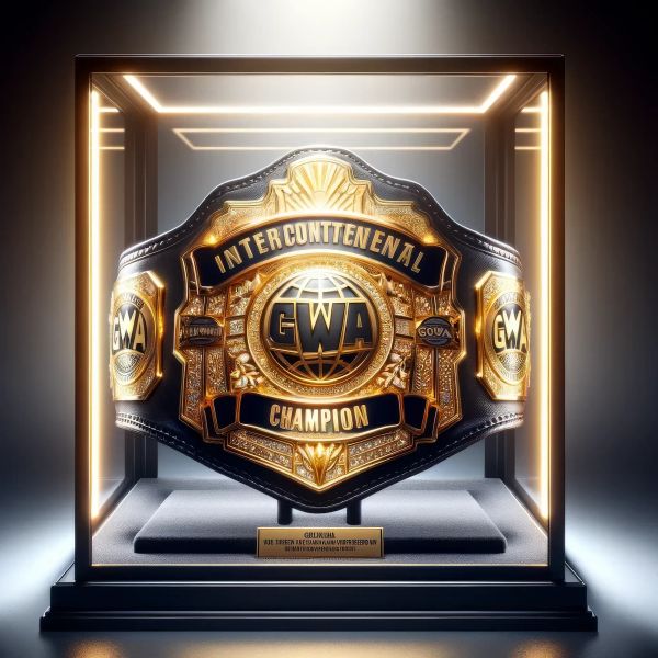 GWA Intercontinental Championship belt displayed in illuminated glass case with gold and black design featuring globe centerpiece.
