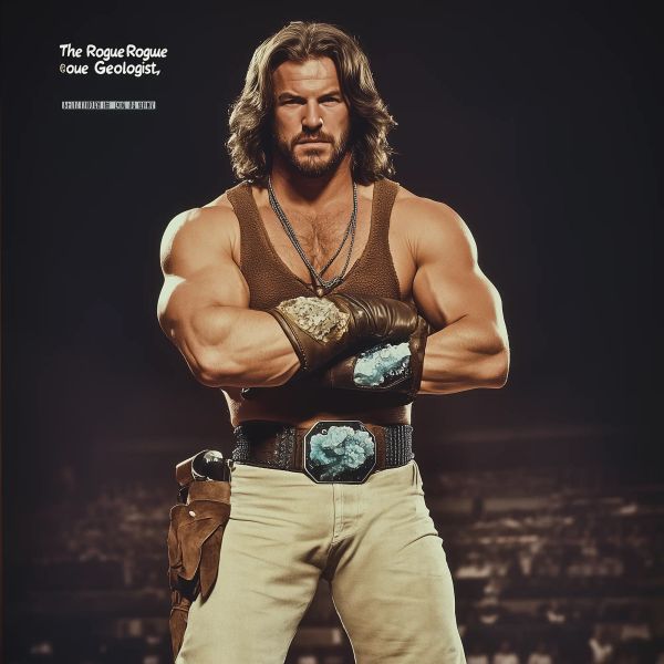 Dr. Geode, a muscular wrestler in brown vest and cream pants, stands with arms crossed wearing a belt and gloves decorated with mineral specimens against a dark background.