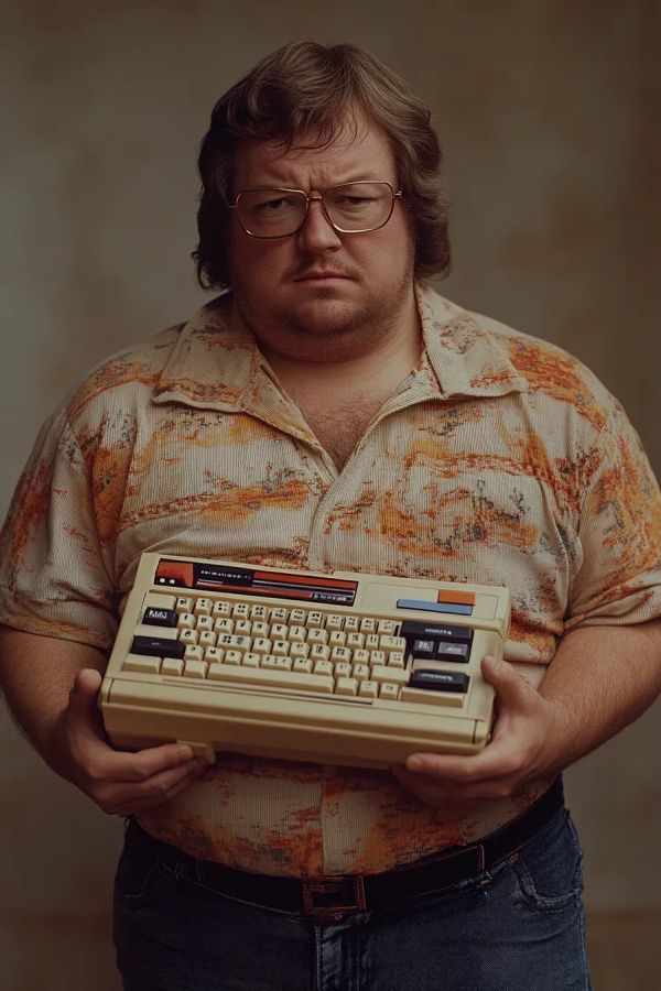 "Commodore" Chuck64 holds a vintage computer while wearing a patterned shirt and glasses against a neutral background.
