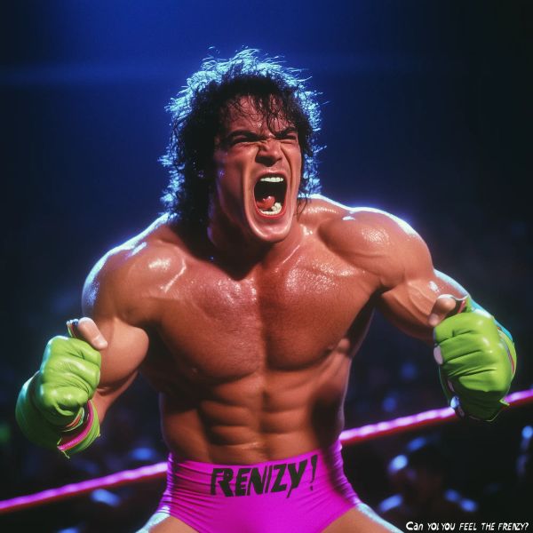 Felix Frenzy shirtless with long dark hair, green hand wraps, and bright pink wrestling trunks, flexing with mouth open against a blue-lit ring background.