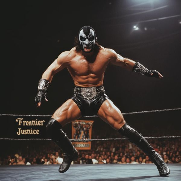 The Phantom stands in a wrestling ring wearing a black and white mask, black leather boots and wristbands, and a jeweled black waistband, in an aggressive fighting stance.
