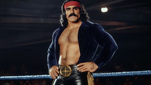 El Bucanero stands in a wrestling ring wearing a red headband, open navy jacket, black leather pants, and ornate gold belt buckle.
