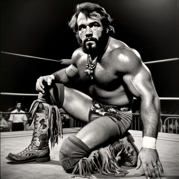 "Bayou" Benny Lacroix kneeling in wrestling ring wearing fringed attire and cross necklace, black and white photograph.