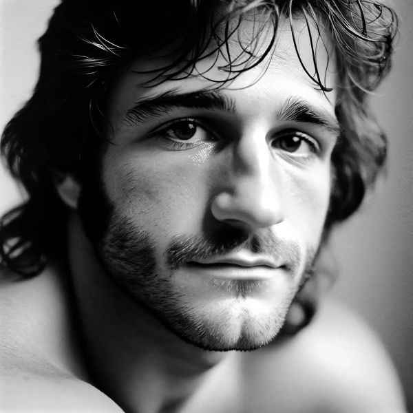 Black and white portrait of Tommy Tucker with dark hair and facial hair, looking directly at camera against neutral background.