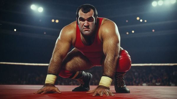 "Tough Tony" Toscanelli in red boxing trunks and gloves crouched in ready position on a wrestling ring under stadium lights.