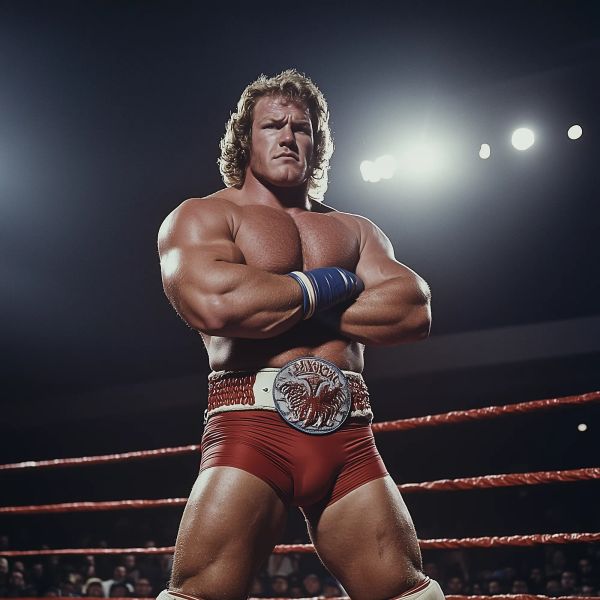 Joe Frontier stands in a wrestling ring with arms crossed, wearing red trunks and a championship belt, with blonde curled hair and a stern expression.