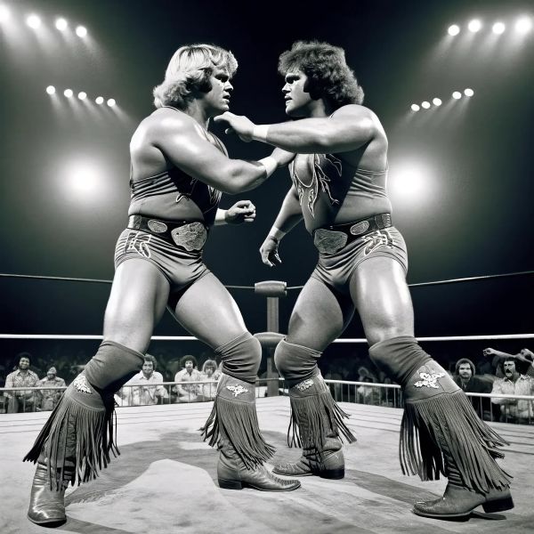 Two wrestlers in fringed boots and championship belts face off in a lit ring during a match, circa 1970s.
