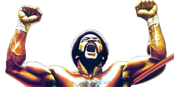 Wrestler with raised fists wearing hood and championship belt, mouth open in celebration against white background.