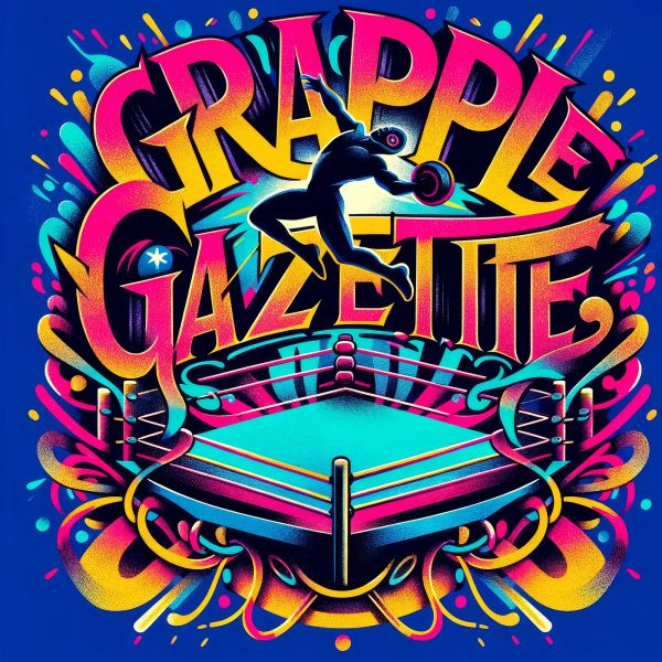 Colorful retro wrestling poster with silhouetted wrestler above a wrestling ring, surrounded by vibrant pink, yellow, and cyan typography and decorative elements.