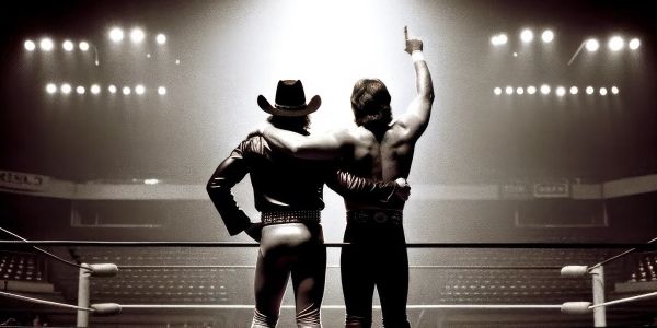 Two wrestlers stand in a lit wrestling ring, one wearing a cowboy hat and jacket, the other shirtless with a raised fist, both in dramatic silhouette.