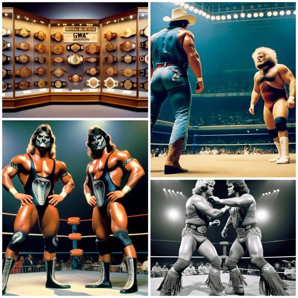 GWA championship belt display case, vintage wrestling action photos, and costumed performers from the 1970s-80s era.