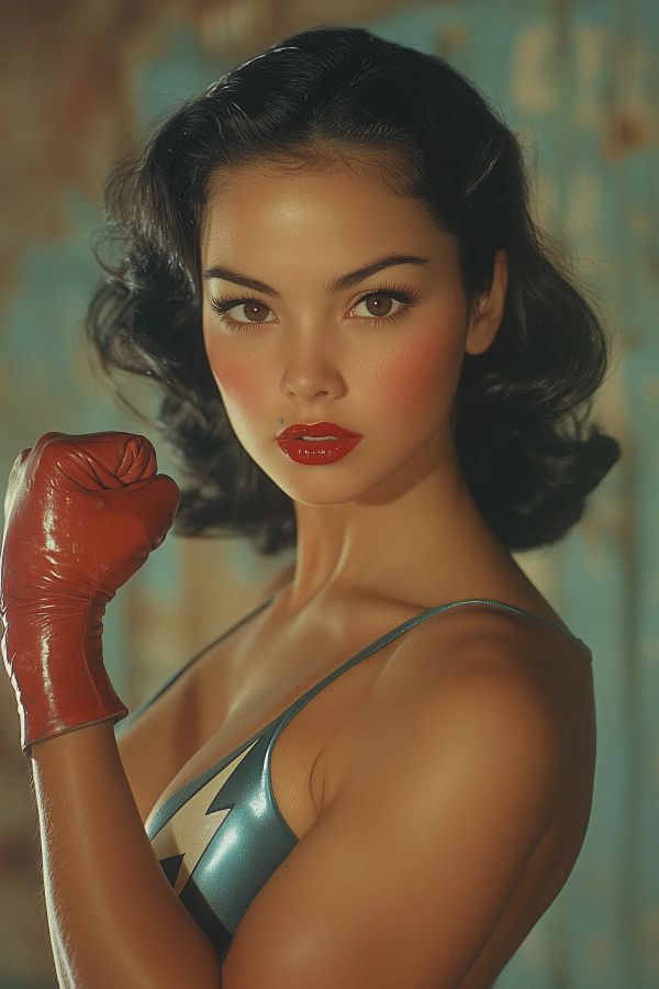 Lady Lightning Laura Lopez in vintage boxing gloves and metallic wrestling attire, posed against a soft-focus background.