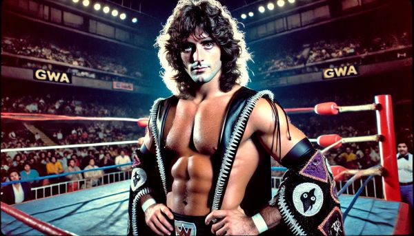Professional wrestler in black leather vest with embroidered details stands in GWA ring, long dark hair, confident pose, 1970s-80s era.
