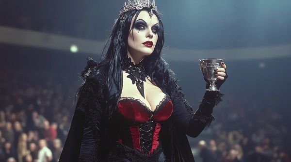 Vera Nocturne stands in a gothic wrestling outfit with red corset and black lace, holding a goblet, with an ornate crown and pale makeup against a dramatic arena backdrop.