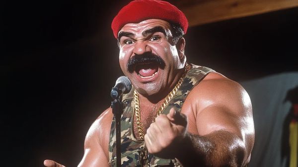 Victor Ortiz performs at microphone wearing red beret, camouflage vest, and gold chain, with intense facial expression.