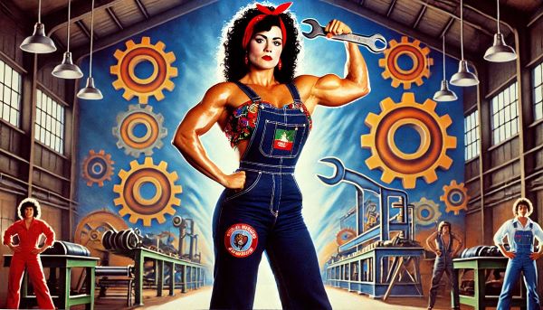 Rosie the Riveter flexes her bicep in a factory setting wearing a red bandana, denim overalls, and holding a wrench, surrounded by gears and coworkers in 1950s industrial attire.