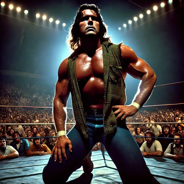 Canyon Carl Henderson stands in a wrestling ring wearing sunglasses, open denim vest, and blue pants, with a crowd visible behind him under bright arena lights.