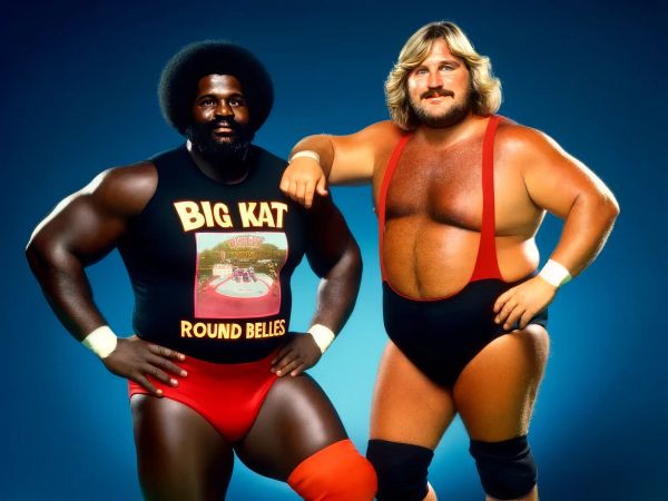 Big Kat and another wrestler pose against a blue background in retro wrestling attire, circa 1970s-80s.