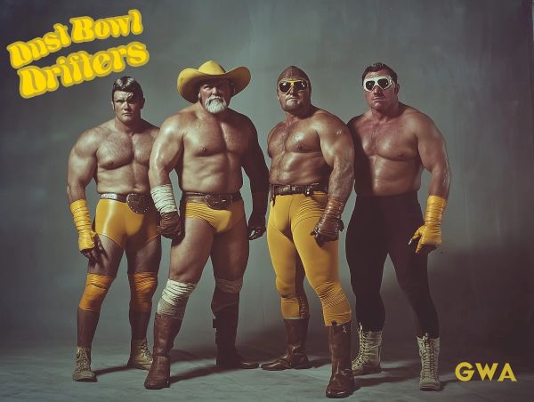 Four shirtless wrestlers in yellow and brown attire with cowboy hats and goggles stand posed against a gray backdrop.