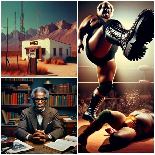 Four vintage-styled promotional images: desert radio station, wrestler mid-match with studded gloves, dignified man at desk with books, and boxing match action scene.