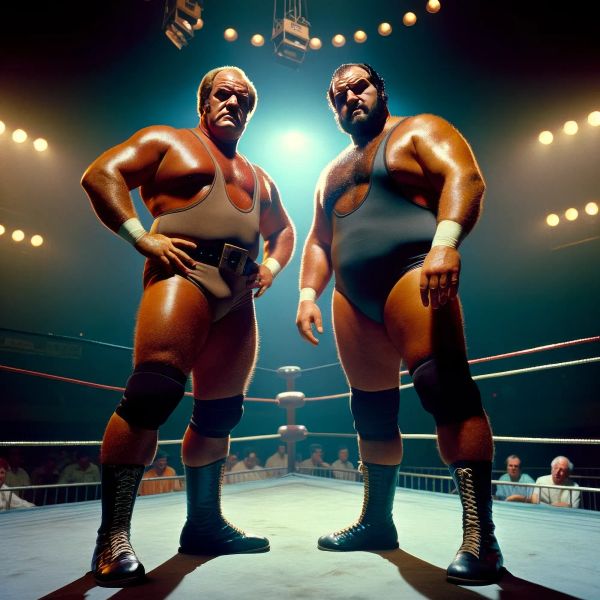 Two muscular wrestlers stand facing each other in a lit wrestling ring, wearing wrestling attire and boots, with an audience visible in the background.