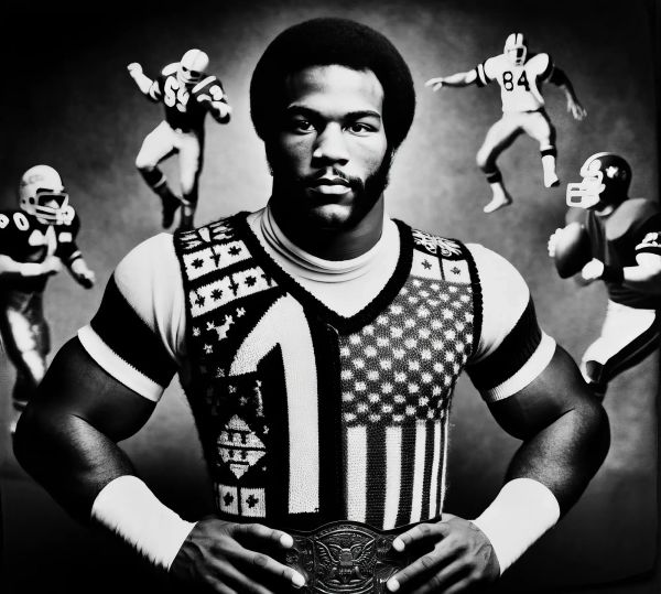 "Gridiron" Gregory Harris in patterned wrestling singlet holding championship belt, surrounded by action shots of football players in vintage uniform.