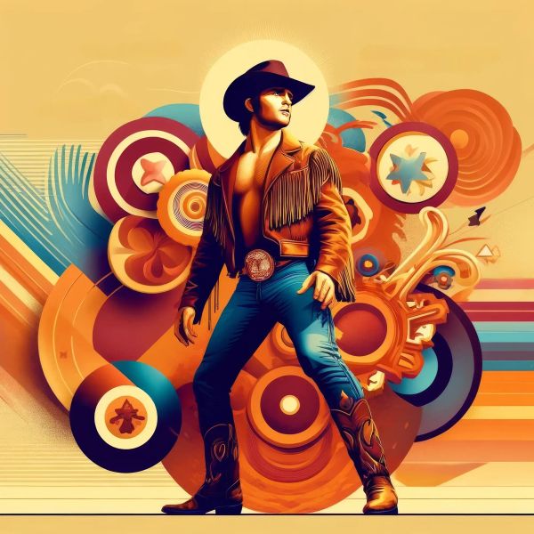 Stylized illustration of a cowboy wrestler in orange and blue outfit with fringe jacket, belt buckle, and boots, surrounded by concentric circles and geometric shapes in retro color palette.