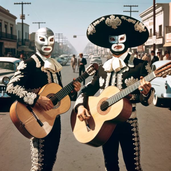 Two masked wrestlers in ornate black and gold mariachi suits holding acoustic guitars on a 1950s street.