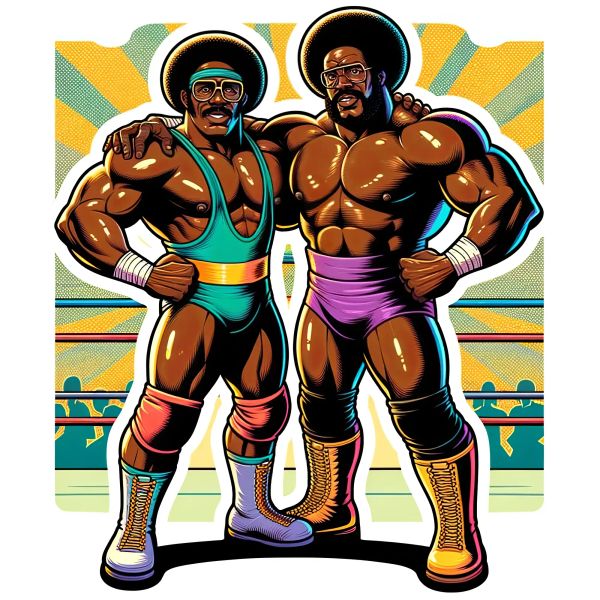Two muscular wrestlers in colorful wrestling attire with afros and glasses pose back-to-back against a retro wrestling ring backdrop.