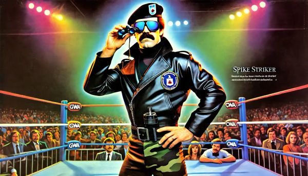 Spike Striker in black leather jacket and sunglasses stands in a wrestling ring with a colorful spotlight behind him and crowd in the background.