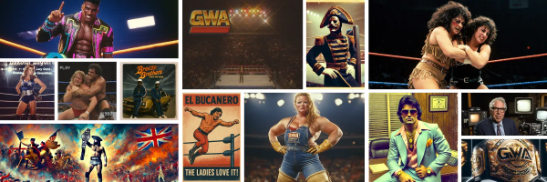 Collage of GWA wrestling characters, posters, and title belt from various eras (1957-1993).