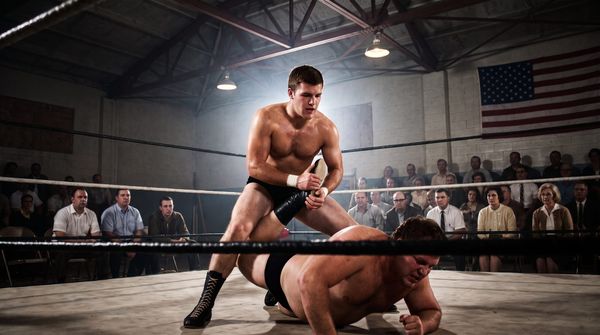 Tom Dillon works a leg hold on a larger opponent in a wrestling ring inside a National Guard armory, 1972, with rows of spectators in shadow behind the ropes.