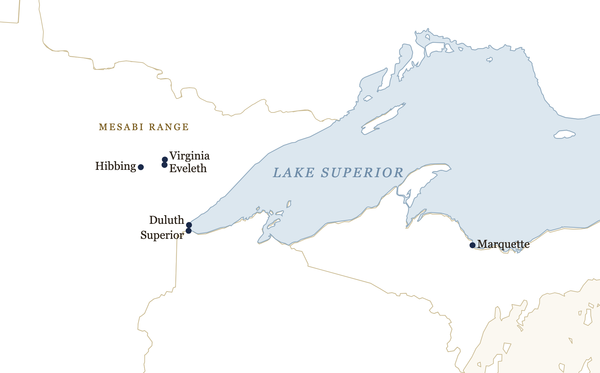 Map of the western end of Lake Superior showing Duluth, Superior, the Mesabi Range ore towns of Hibbing, Virginia and Eveleth