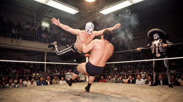 El Violín, a luchador in a silver treble-clef mask, flies off the second rope in a crossbody while El Guitarrón watches from the apron.