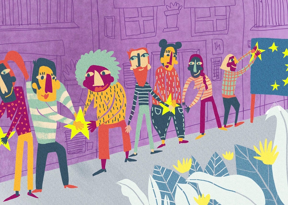 A drawing of people standing in front of a purple building. The people are passing stars to each other. The person at the end of the line is putting stars on a blue easel.