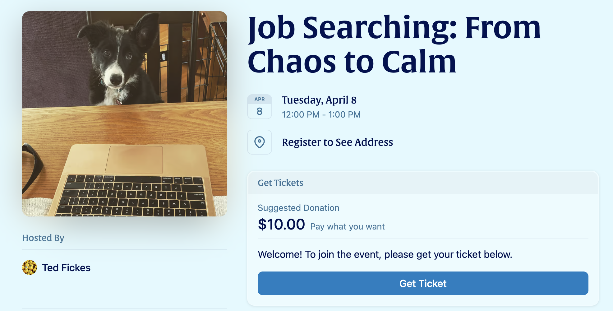Job searching from chaos to calm registration page. On the left is an image of a border collie puppy preparing to work on her laptop. 