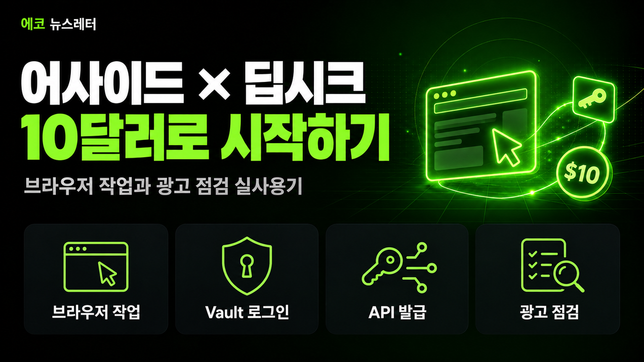 어사이드 × 딥시크, 10달러로 시작하기. 검정과 형광 초록색의 에코뉴스레터 커버에 브라우저 작업, Vault 로그인, API 발급, 광고 점검을 표현했습니다.