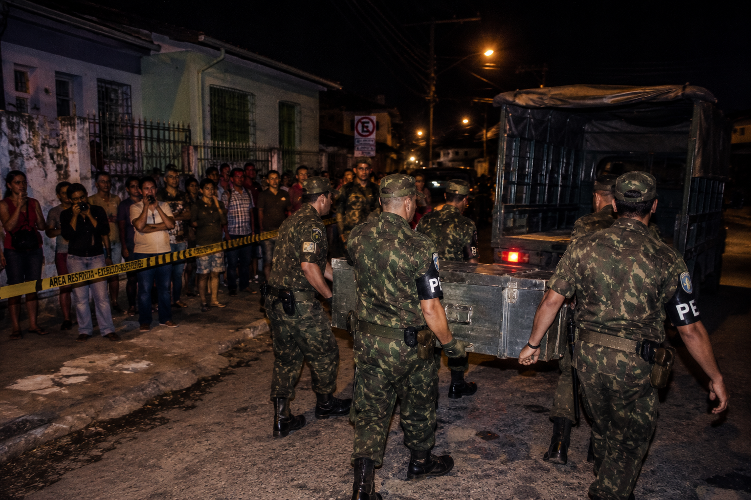 Militares transportando un contenedor sellado durante la noche mientras curiosos observan desde detrás de un cordón de seguridad.