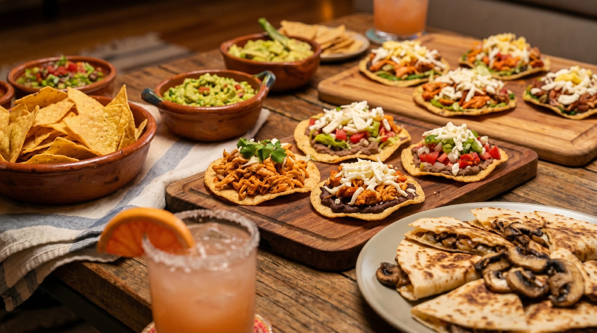 detalle de un banquete mexicano premium sobre una mesa de madera rústica. Se aprecian cuencos de cerámica con totopos y guacamole