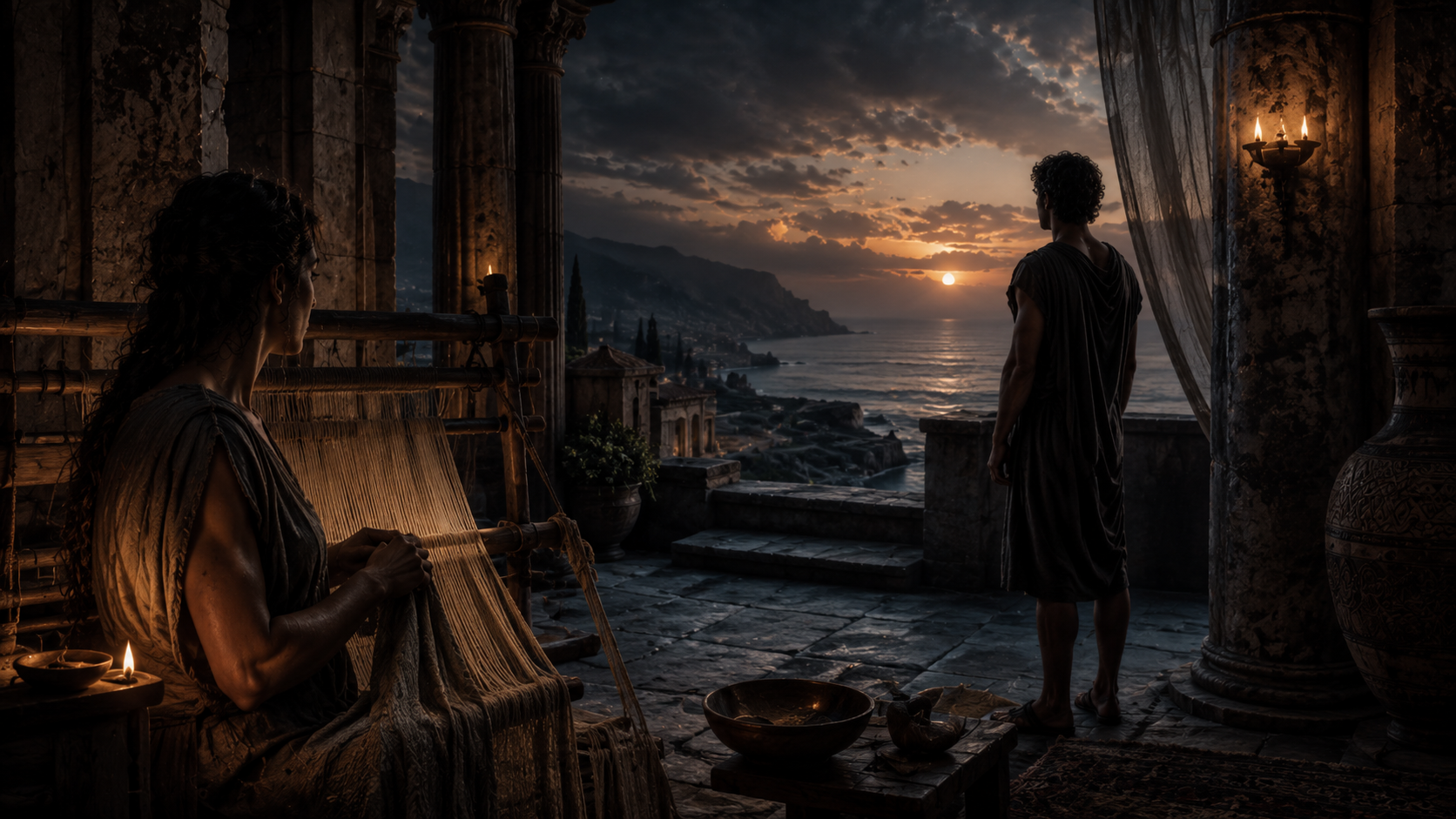 Una mujer teje en un telar dentro de un palacio de piedra, mientras un joven observa el mar al atardecer desde una terraza.