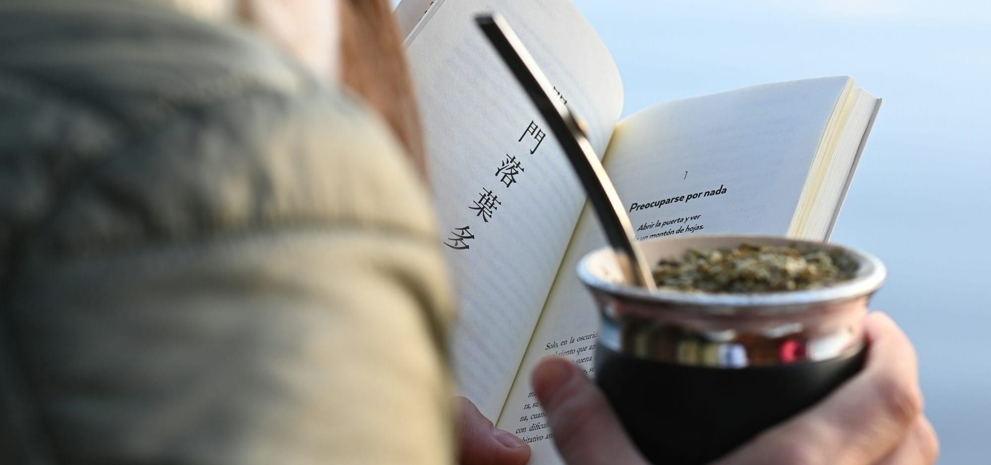 Una persona sosteniendo un mate y un libro.