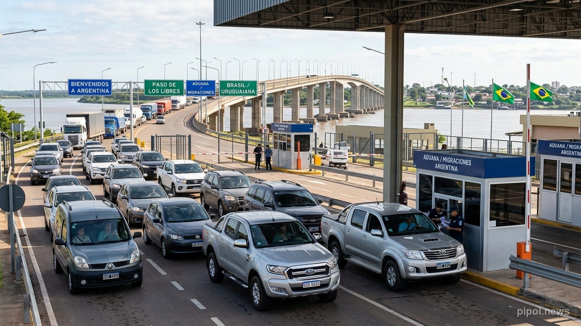 Control aduanero y migratorio internacional entre Argentina y Brasil en Paso de los Libres con cabinas de atención y vehículos en fila