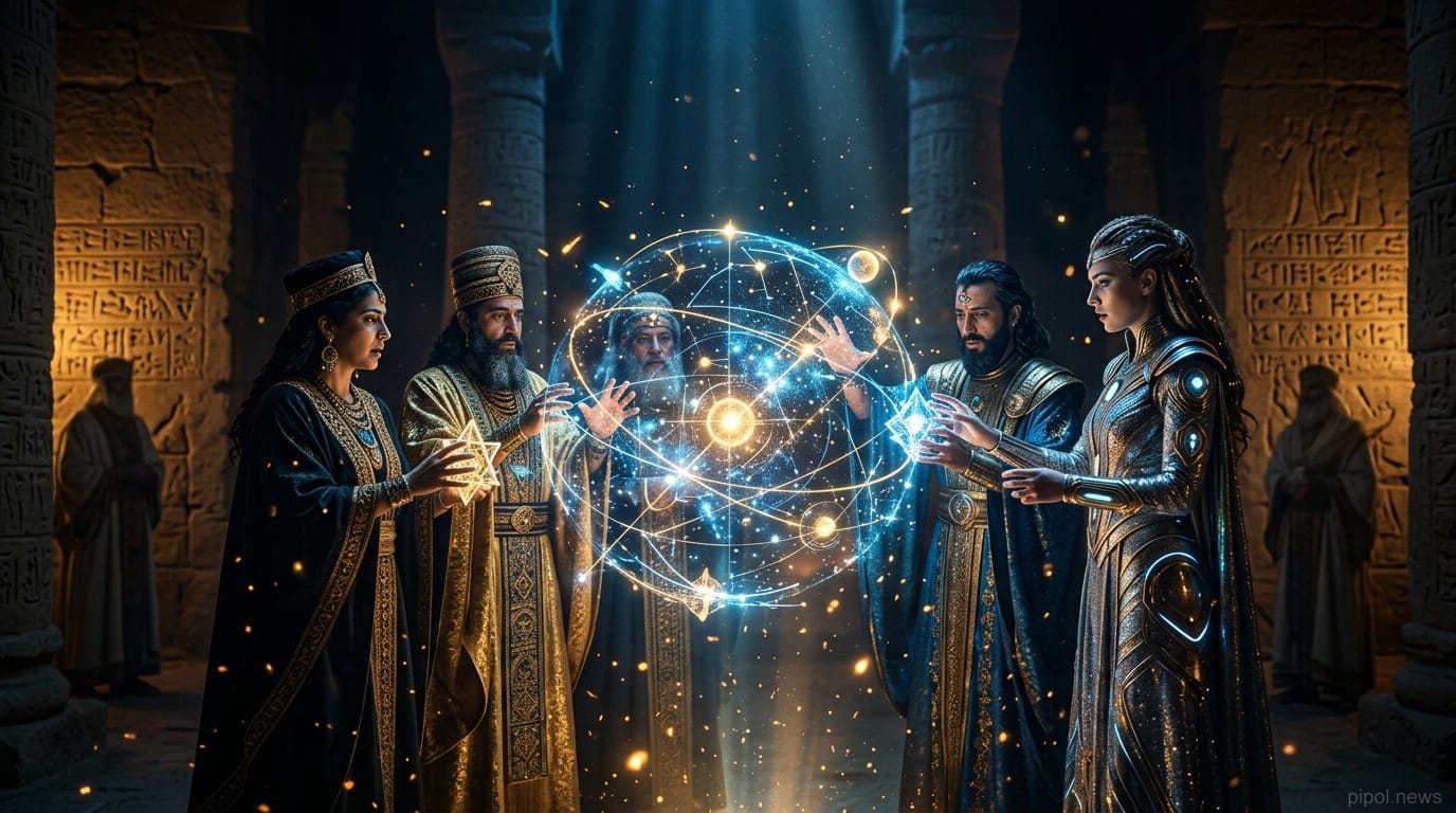 Astrónomos y seres celestiales manipulando un orbe holográfico en la cámara de un zigurat ancestral