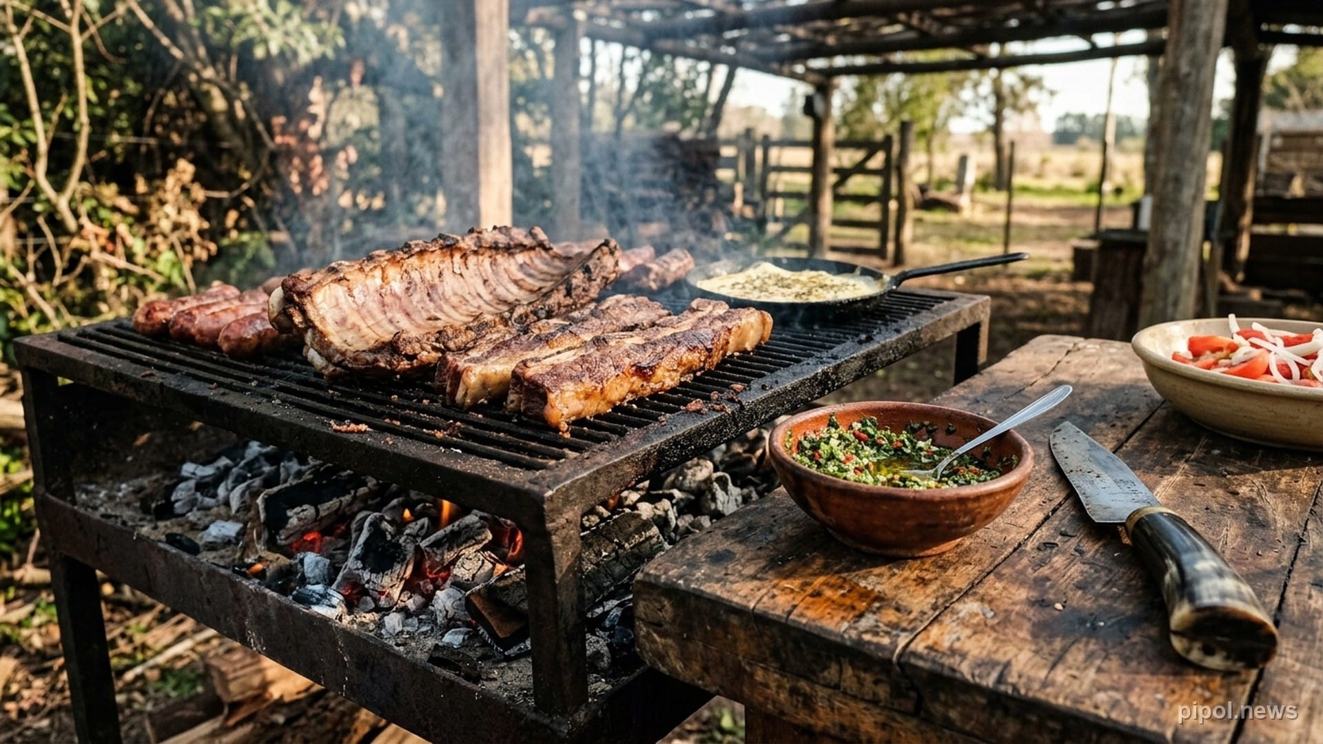 Asado tradicional argentino al aire libre sobre parrilla de hierro con cortes de tira de asado, costillar, chimichurri casero y brasas de quebracho