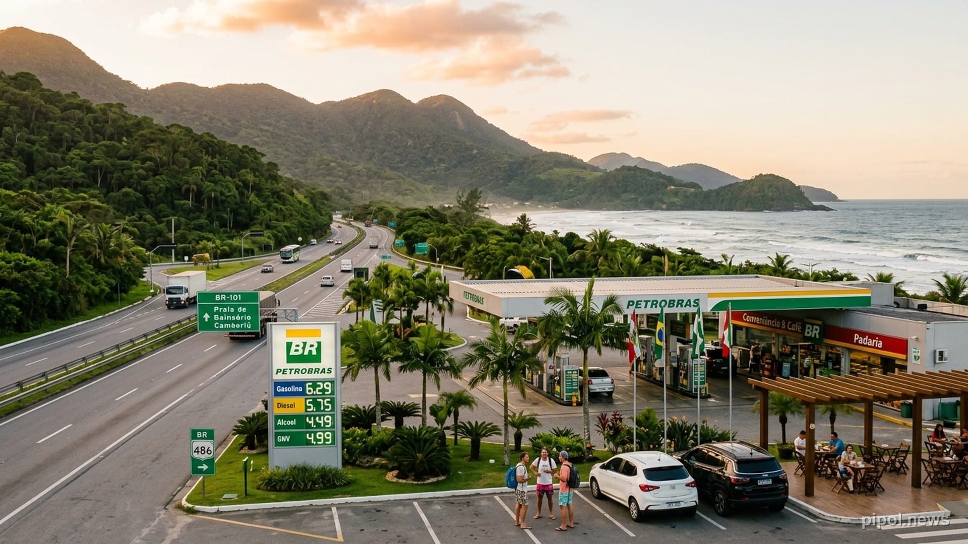 Parador y estación de servicio con vista a las sierras costeras sobre la autopista BR-101 en Santa Catarina Brasil