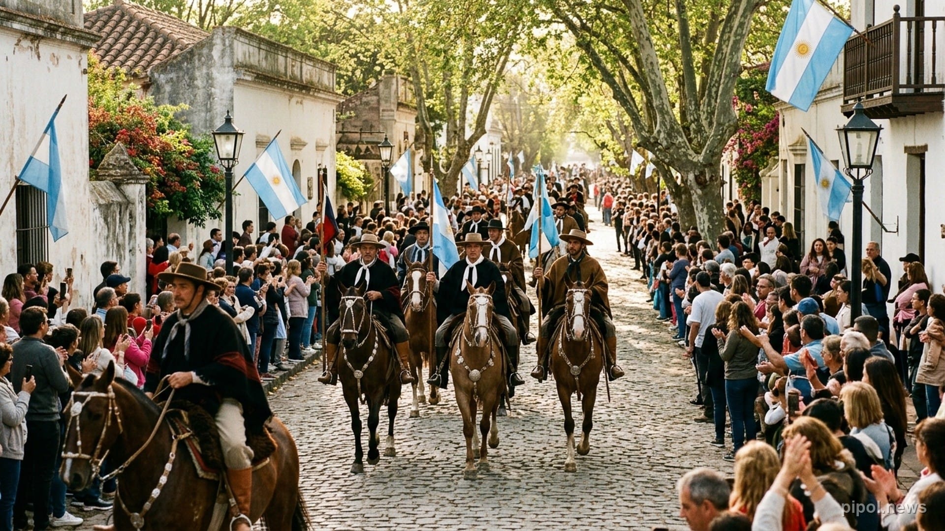 Desfile tradicional de gauchos a caballo con ponchos típicos y banderas argentinas por una calle colonial empedrada
